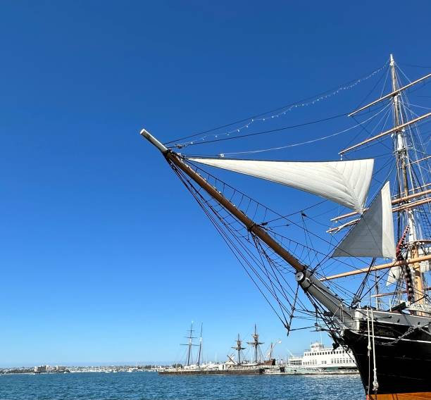 istock Big Ship Head with Sailcloth in the sea under blue sky 1459299736
