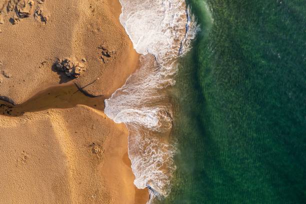 istock Drone top shot over sea water and sandy beach 1459300009