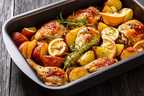 istock Lemon Garlic Chicken with roast potatoes, top view 1459303216