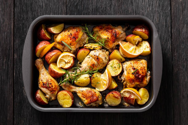 istock Lemon Garlic Chicken with roast potatoes, top view 1459303411