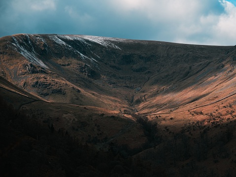 A landscape view of the Ullswater lake district in England against a clouded sky