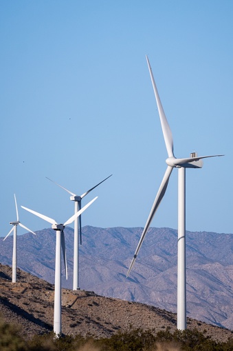 A vertical shot of windmills on a farm in Palm Springs, California in blue sky background