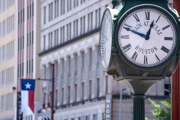 istock Green clock on a street in Downtown Houston, Texas 1459303839