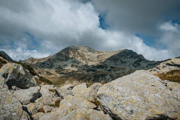 The rocky mountains covered with grass in summer on a cloudy day