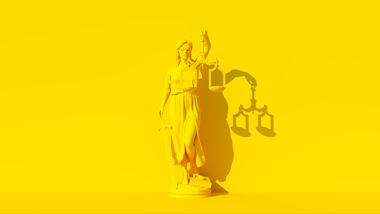 Yellow Lady Justice Statue Personification of the Judicial System Traditional Protection and Balance Moral Force for Good and Lawfare Yellow Background 3d illustration render