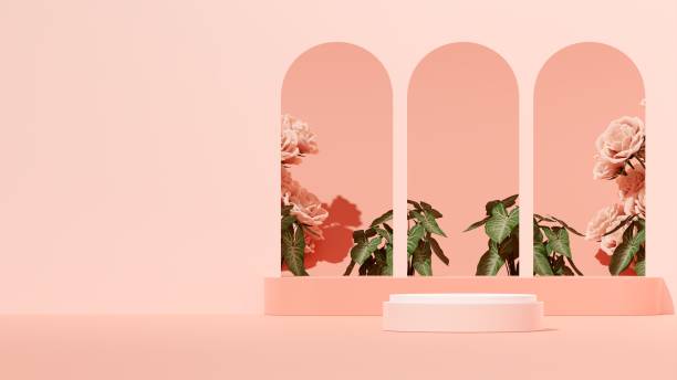 istock 3D rendering of an empty product display podium and beautiful flowers 1459306727