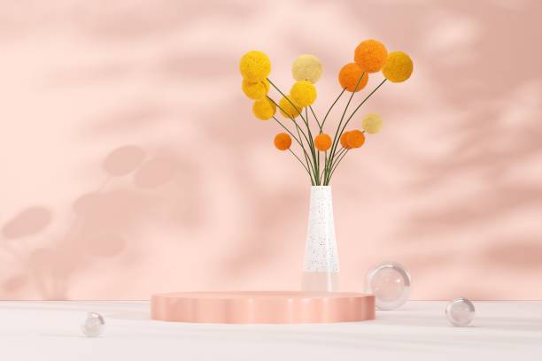 istock 3D render illustration of Craspedia flowers vase and empty space podium display for product 1459306865
