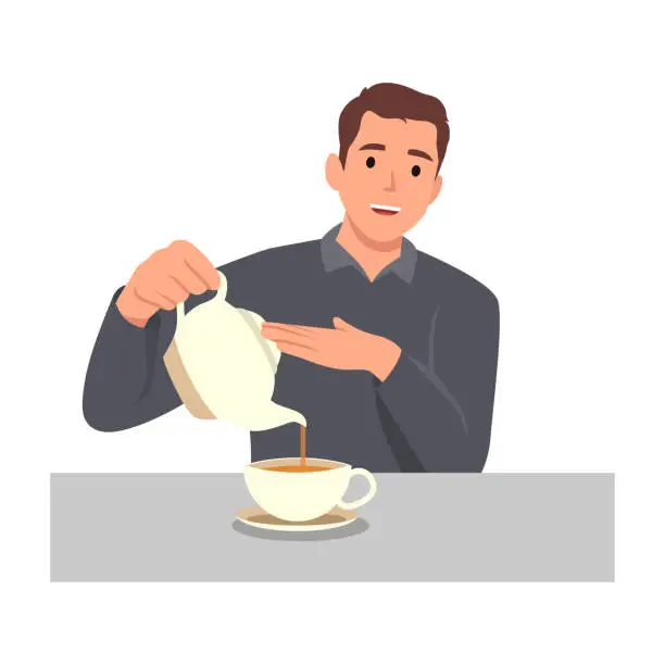 Vector illustration of Young man pouring tea in cup from kettle. Smiling guy enjoy warm coffee. Flat vector illustration isolated on white background