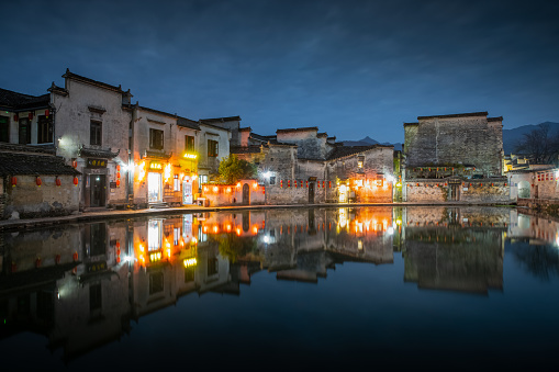 Chinese traditional ancient village at night,Hongcun, Anhui province, China.