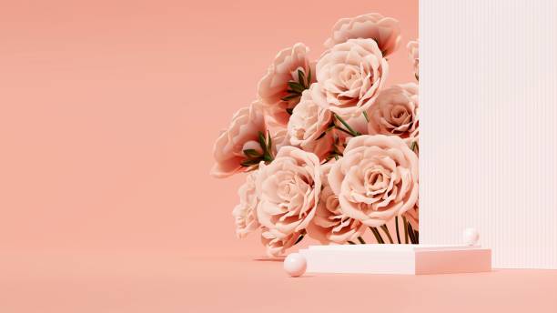 istock Podium display with rose flowers on a pink background. 1459307201