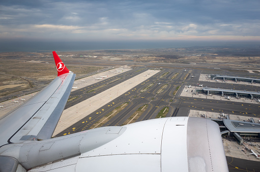 Istanbul, Turkey - 10 January, 2023: View of Istanbul Airport from Turkish Airlines passenger jet during takeoff.