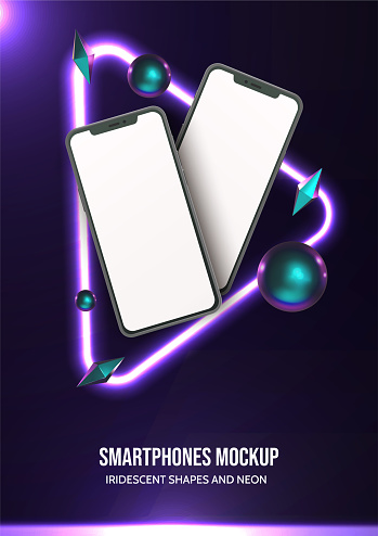 Realistic smartphone mockup with neon and irridescent shapes