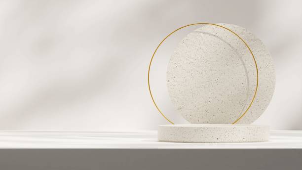 istock Minimal ceramic texture podium and gold ring background, 3d render mockup template in square 1459309804