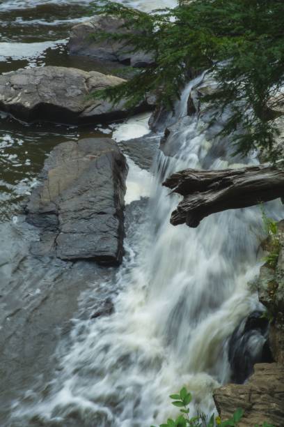 Vertical shot of a waterfall flowing down the rocks