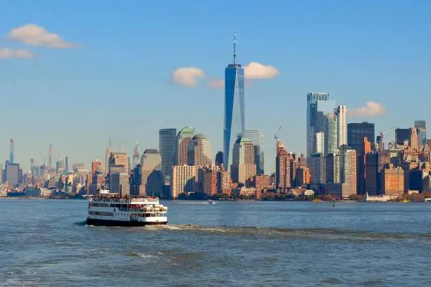 A ferryboat going on the river in Staten Island against New York city background
