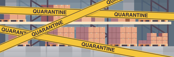 istock Empty no people warehouse interior full of cargo with yellow crisis tape coronavirus pandemic quarantine. 1459312880