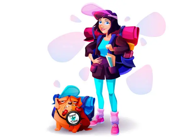 Vector illustration of Travel, hiking, adventure cartoon style. Young tourist girl with a bulldog on an isolated white background.