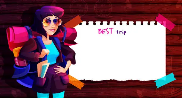 Vector illustration of Travel, hiking, adventure cartoon style. A young girl is a tourist with a place for text on a wooden retro background.