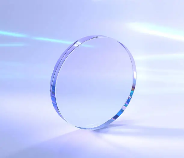 Photo of Glass transparent disk on purple abstract background with iridescent effect, refraction of light crystal prism 3d render. Clear acrylic plate, round disc with rainbow lens flare