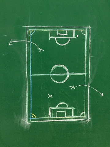 Soccer strategy, football game tactic drawing on chalkboard