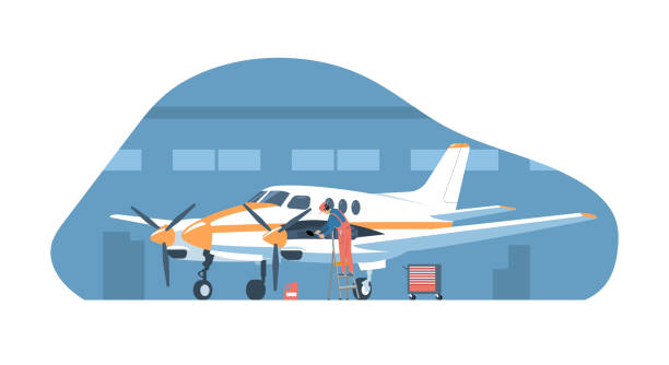 Mechanic is repairing the engine of a turboprop aircraft. Mechanic is repairing the engine of a turboprop aircraft. Vector illustration. airplane mechanic stock illustrations