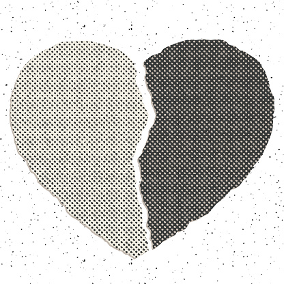 Vector illustration of a broken heart in two halves pieces of torn paper with halftone texture. Black and white color.