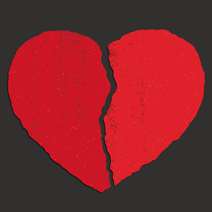 Vector illustration of a broken heart in two halves pieces of torn paper. Red color. Black background.