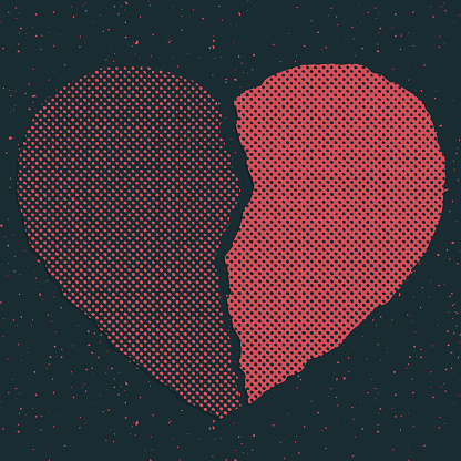 Vector illustration of a broken heart in two halves pieces of torn paper with halftone texture. Red color. Black background.