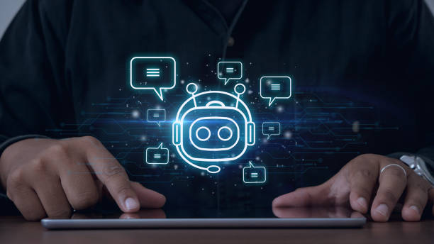 istock Man hand playing taplet to use digital chatbot for provide access to information and data in online network.Artificial intelligence. 1459317622
