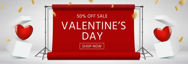 Vector illustration of Valentine's day sale. Shop now! 3d realistic trendy design. White render boxes with heart shaped balloons. Gold falling confetti. Empty photo studio with red background and stands.