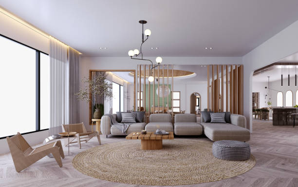 istock 3d rendering,3d illustration, Interior Scene and  Mockup,modern style living room decorated with wood in gray and white. 1459320603