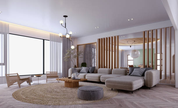 istock 3d rendering,3d illustration, Interior Scene and  Mockup,modern style living room decorated with wood in gray and white. 1459320606