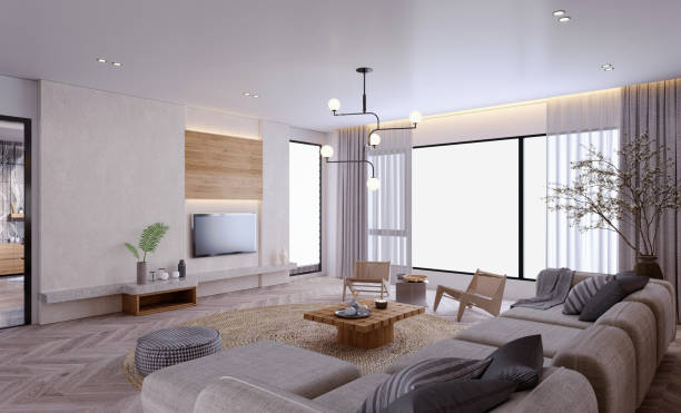 istock 3d rendering,3d illustration, Interior Scene and  Mockup,modern style living room decorated with wood in gray and white. 1459320608