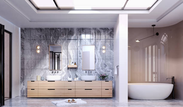 istock 3d rendering,3d illustration, Interior Scene and  Mockup,bathroom render modern style,decorative stone wall. 1459320629