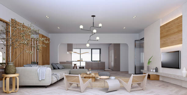 istock 3d rendering,3d illustration, Interior Scene and  Mockup,modern style living room decorated with wood in gray and white. 1459320637