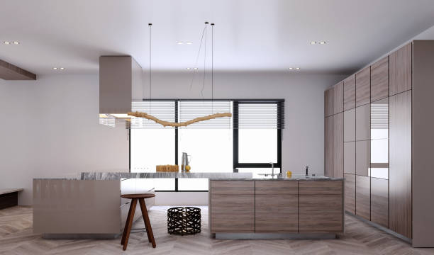 istock 3d rendering,3d illustration, Interior Scene and  Mockup,modern style kitchen decorated with wooden furniture,and shadow material. 1459320641
