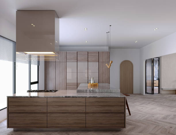 istock 3d rendering,3d illustration, Interior Scene and  Mockup,modern style kitchen decorated with wooden furniture,and shadow material. 1459320645