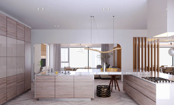 istock 3d rendering,3d illustration, Interior Scene and  Mockup,modern style kitchen decorated with wooden furniture,and shadow material. 1459320647