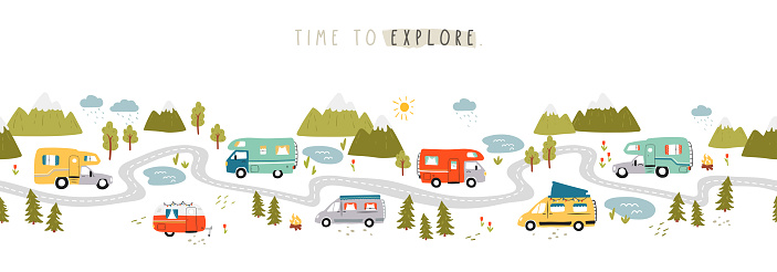 Road trip horizontal seamless pattern, doodle camper vans, vanlife, adventure - great for textiles, banners, wallpapers - vector design