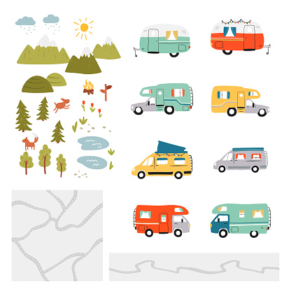 Road trip elements, doodle camper vans, vanlife, adventure, seamless road maps, mountains and forest.