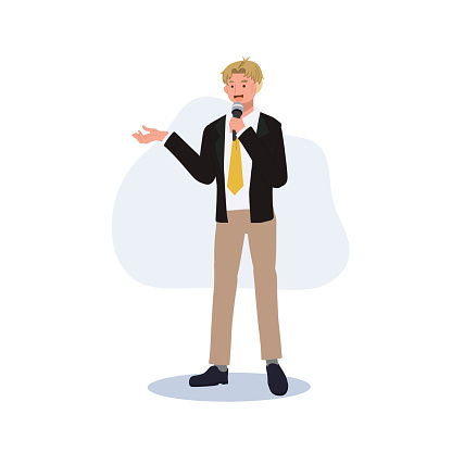 Television host, news reporter, moderator with microphone is speaking. Flat vector illustration