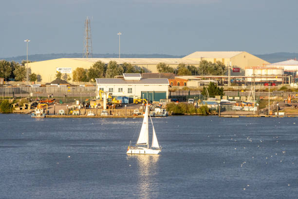 Yachts parked in Toronto waterfront marina in blue waters of lake Ontario with downtown Toronto skyline in background.