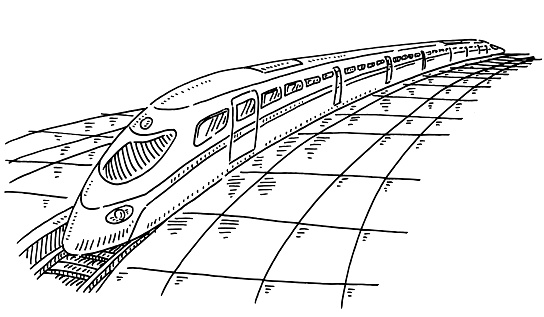 Hand-drawn vector drawing of a High Speed Train On Platform. Black-and-White sketch on a transparent background (.eps-file). Included files are EPS (v10) and Hi-Res JPG.