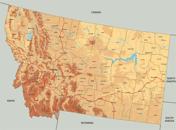 Vector illustration of Highly detailed Montana physical map with labeling.