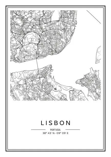 Vector illustration of Black and white printable Lisbon city map, poster design, vector illistration.