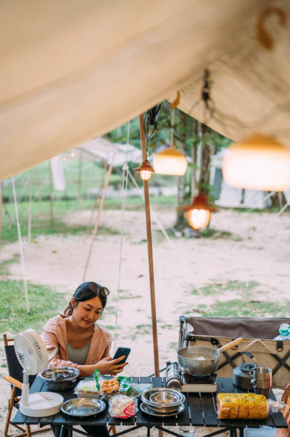 une jeune femme asiatique prépare et cuit des aliments sur une cuisinière à gaz dans un camping en forêt - 7096 photos et images de collection