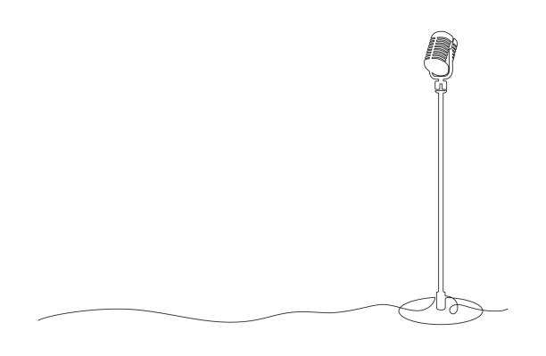 illustrazioni stock, clip art, cartoni animati e icone di tendenza di disegno continuo a linea singola del microfono sul supporto del microfono - asta del microfono
