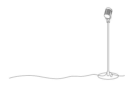 continuous single line drawing of microphone on mic stand, line art vector illustration