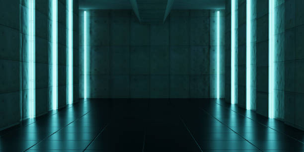 istock Scifi neon glowing lamps in a dark corridor.3d illustration 1459326876