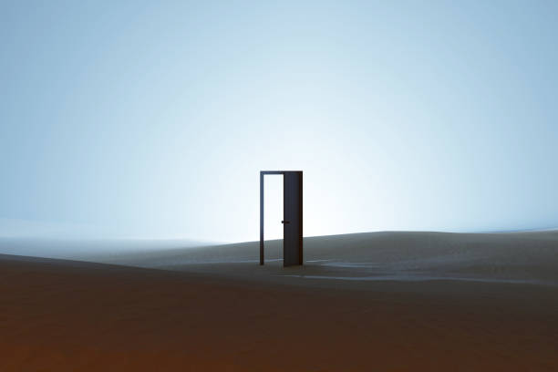 istock Opened door on desert. Unknown and start up concept. This is a 3d illustration 1459326921